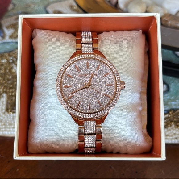 Michael Kors Pave Crystal Rose Gold Tone Watch Slim Runway Sparky Mid-Sized main image 7